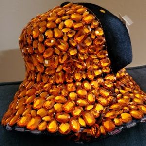 Large Orange Gem Stone Denim Baseball Cap